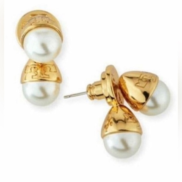 🆕 Tory Burch Authentic Unique Double Pearl With Logo Stud Earrings - Picture 7 of 9